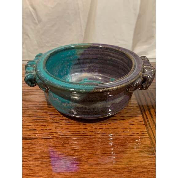 Handcrafted 5" Dia Stoneware Bowl with double handles Multicolor Glaze - Picture 1 of 6